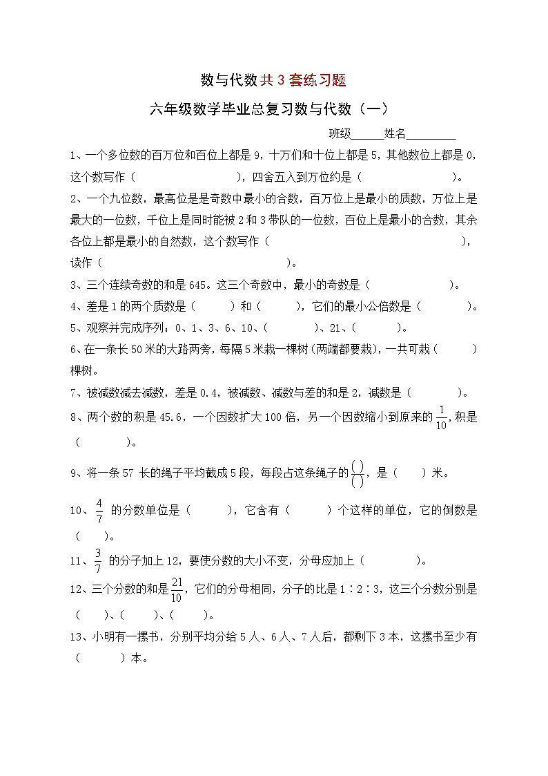 六年级下册6.1数与代数 试题（无答案）第1页