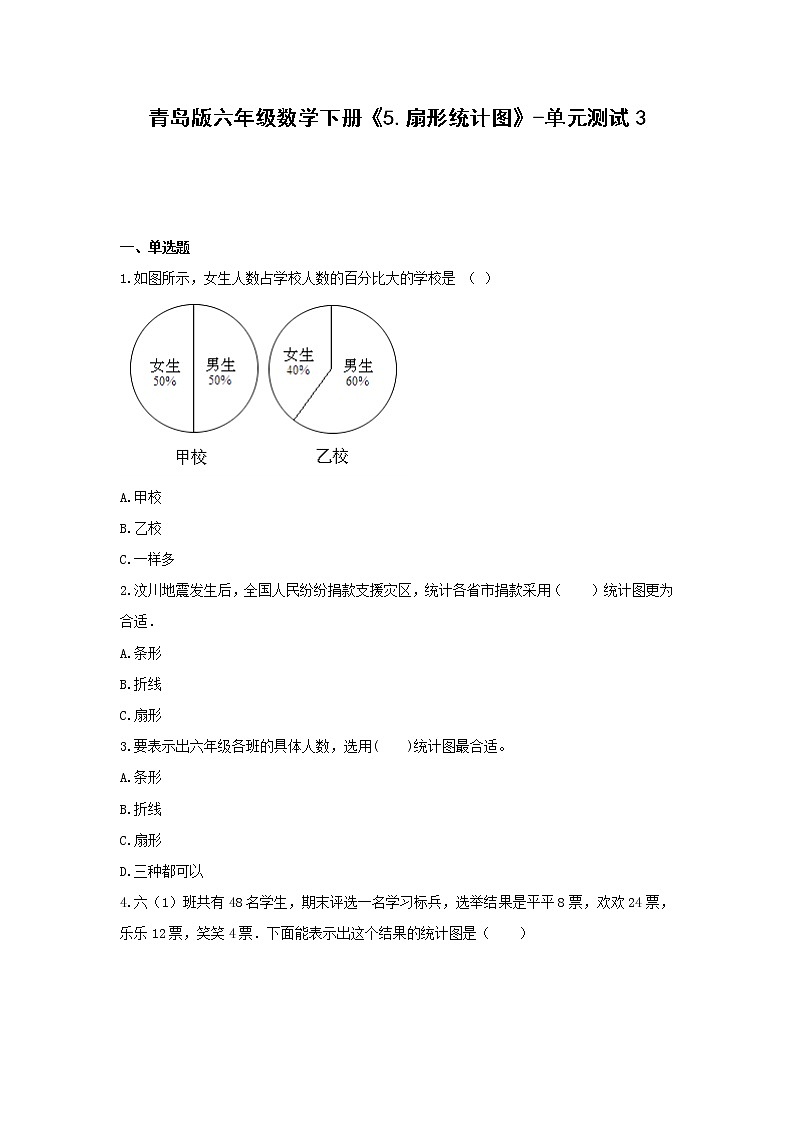 六年级数学下册试题 -《5.扇形统计图》单元测试    青岛版（无答案）第1页