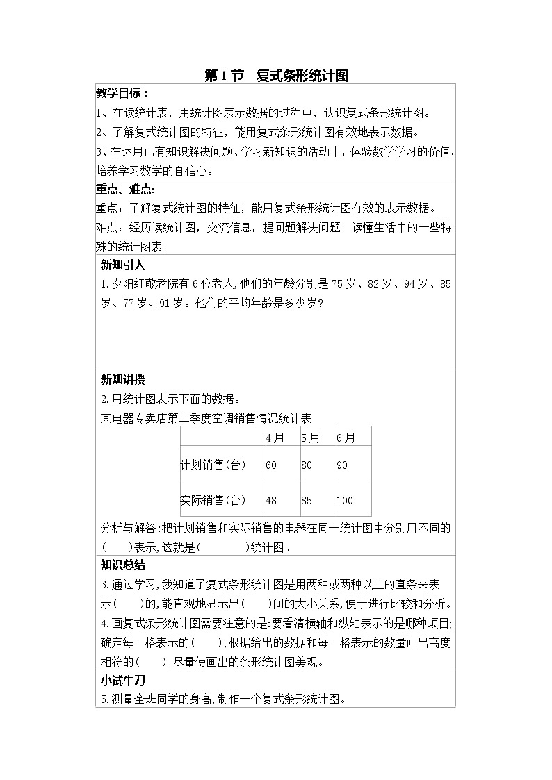 冀教版四年级下册第7单元 复式条形统计图 讲义+练习（含答案）第1页