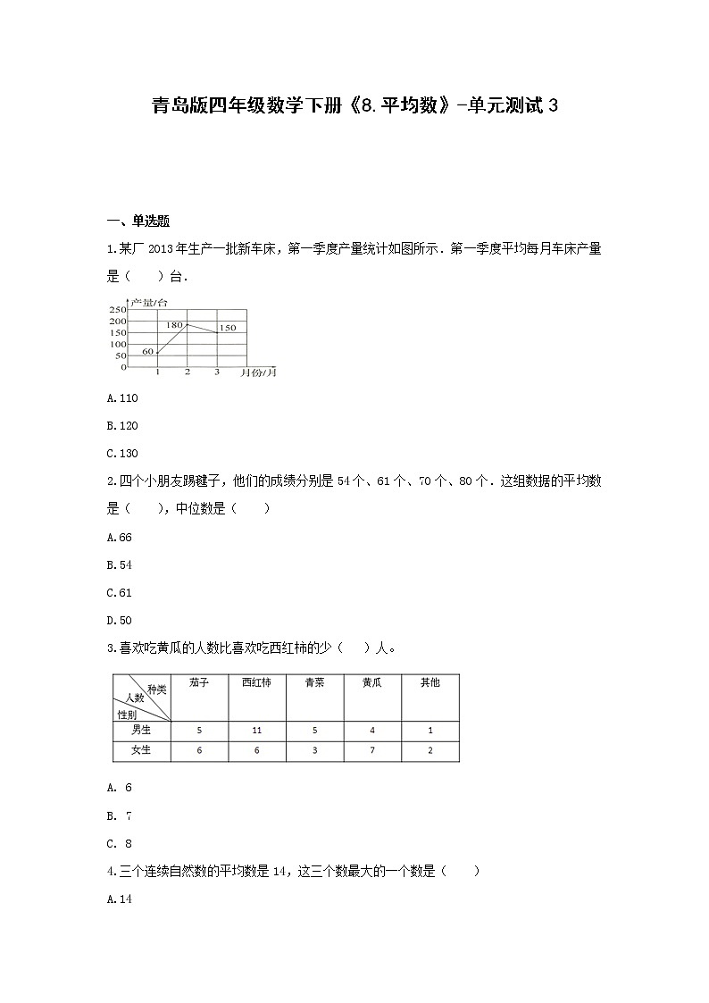 青岛版四年级数学下册《8.平均数》-单元测试3（无答案）01