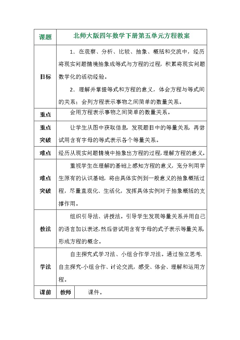 北师大版四年数学下册第五单元方程教案第1页