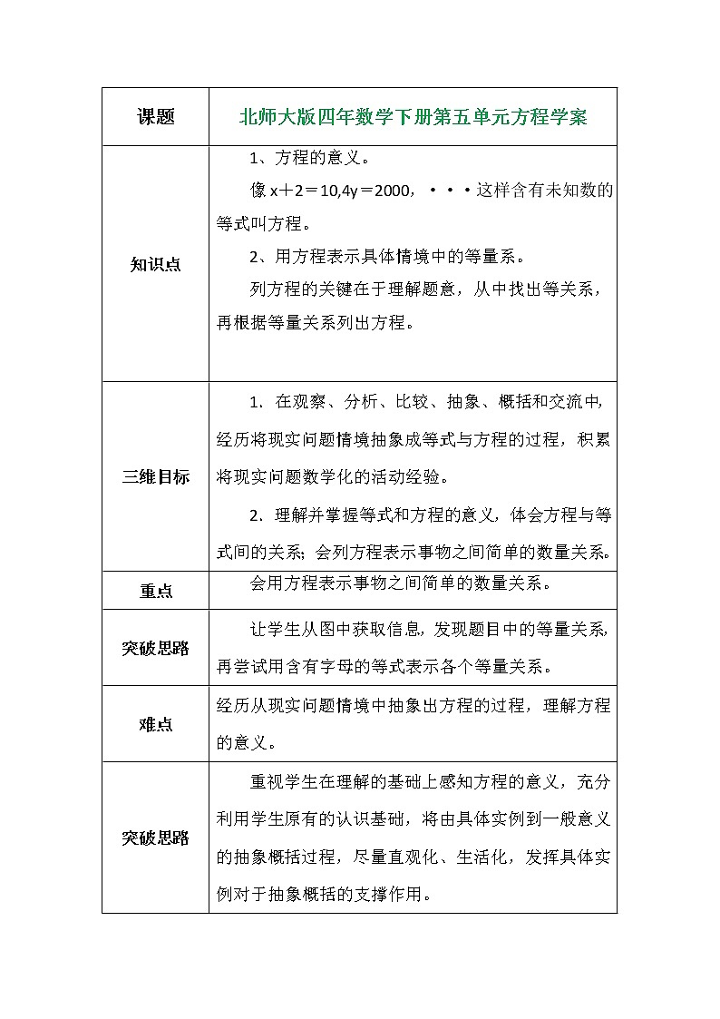 北师大版四年数学下册第五单元方程学案01