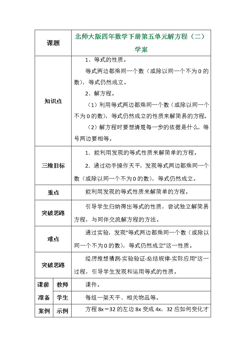 北师大版四年数学下册第五单元解方程（二）学案01