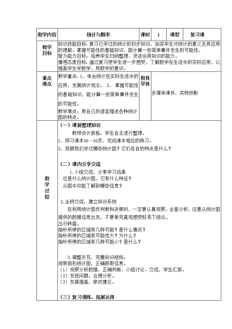 西师大版六年级下册数学 总复习 统计与概率（1）教案第1页