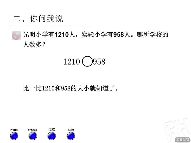 二年制下册数学课件－1.3近似数 万以内数大小的比较 ｜青岛版（五年制）第5页