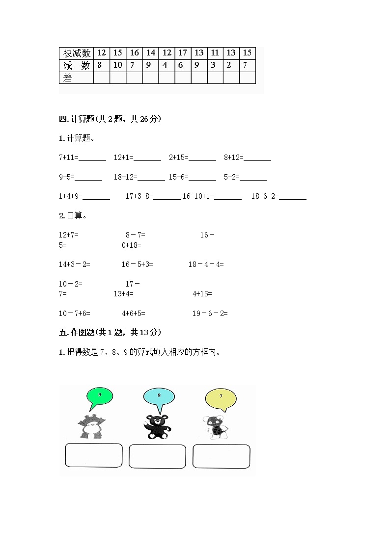 人教版一年级下册第二单元20以内的退位减法 整理和复习测试题（轻巧夺冠）第3页