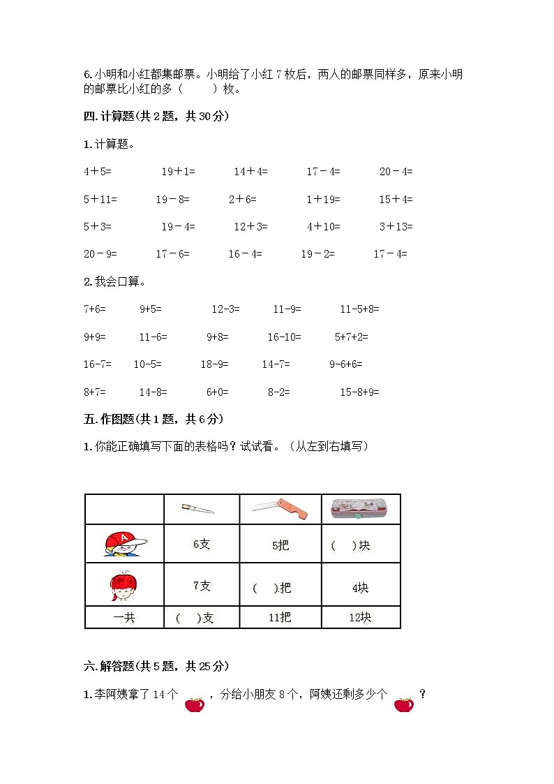 人教版一年级下册第二单元20以内的退位减法 整理和复习测试题【重点班】第3页