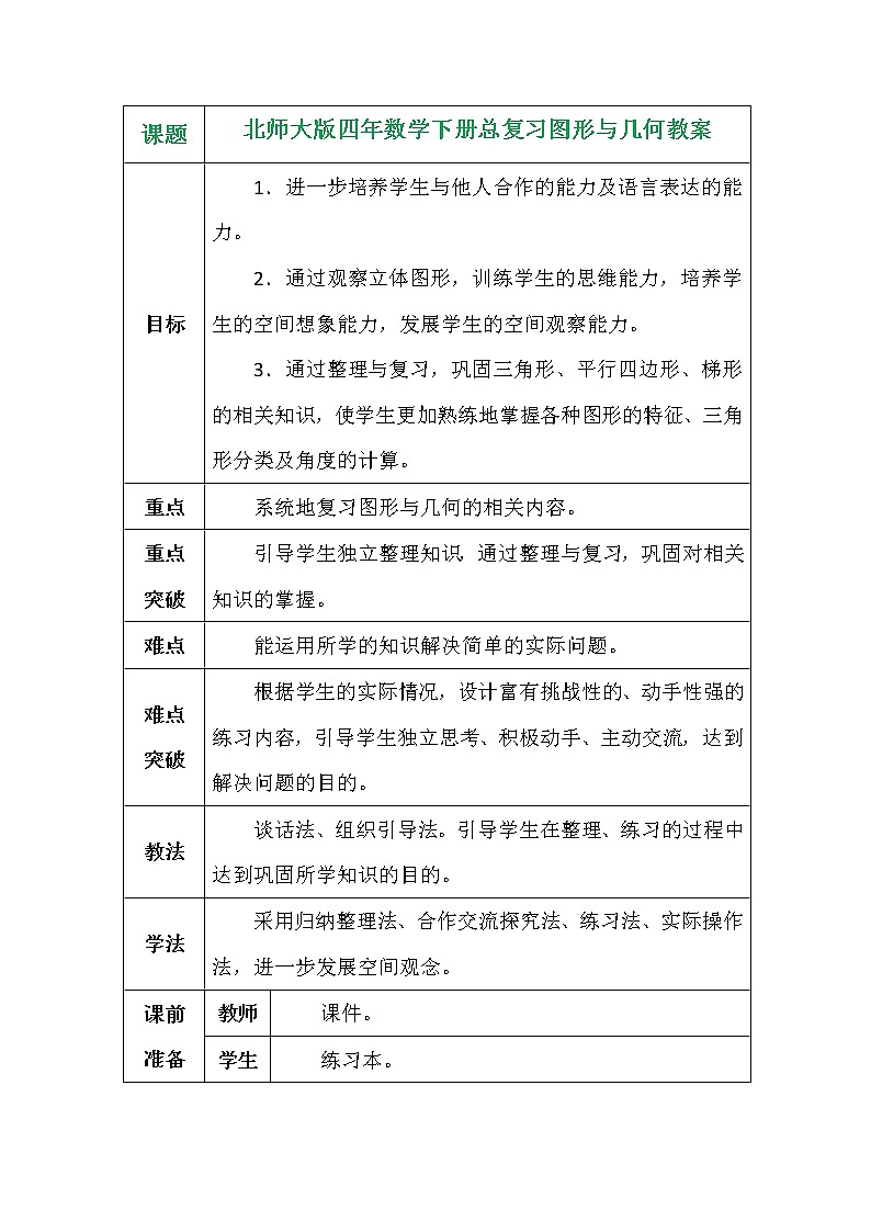北师大版四年数学下册总复习图形与几何教案01