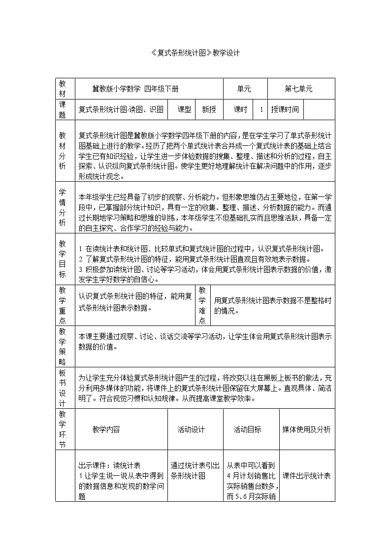 四年级下册数学教案-7.1 认识复式条形统计图｜冀教版02