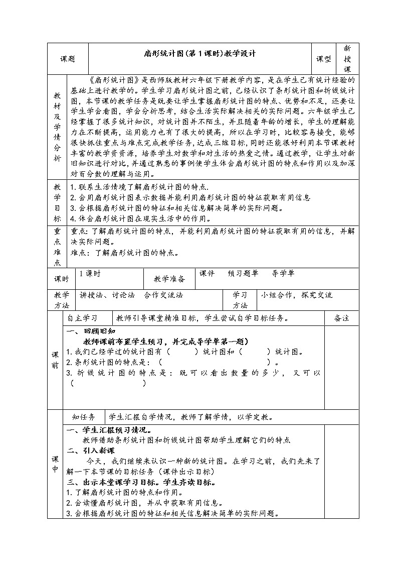 西师大版六年级下册数学 4.1扇形统计图 教案第1页