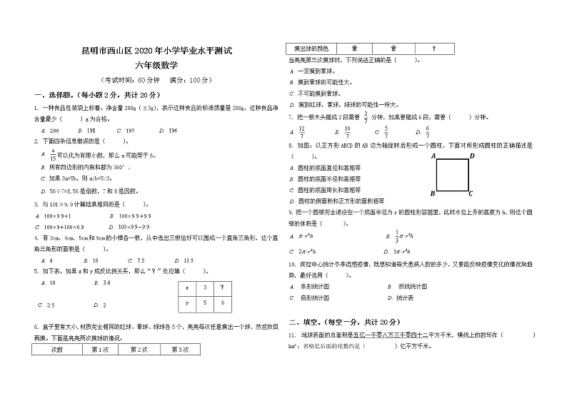 昆明市西山区2020年毕业考数学试卷第1页