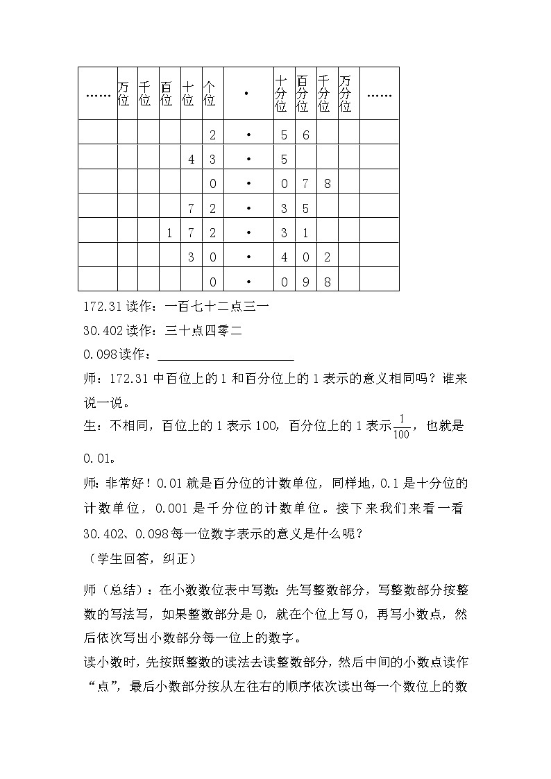 四年级下册数学教案-6.3 小数的读写法和大小比较｜冀教版第3页