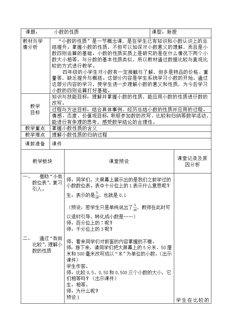 四年级下册数学教案-6.4 小数的性质｜冀教版 (1)第1页