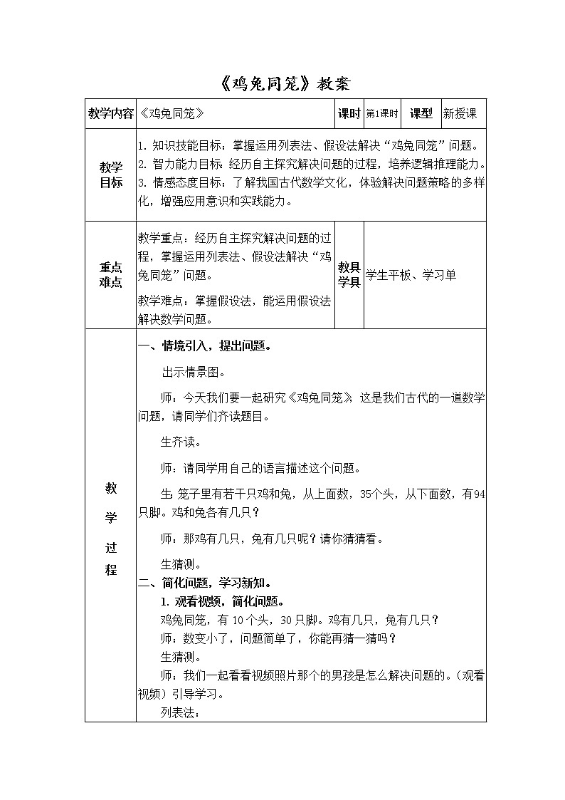 青岛版六下数学 智慧广场--鸡兔同笼问题 教案第1页