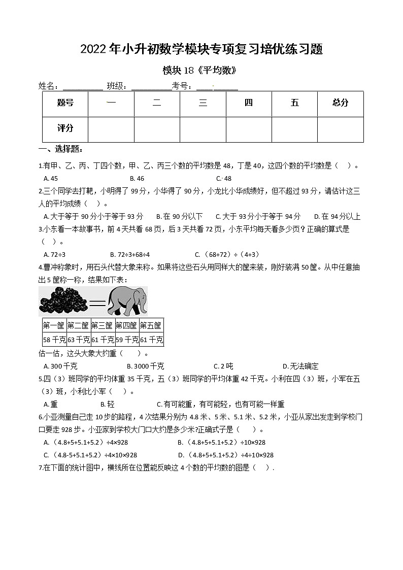 2022年小升初数学模块专项复习培优练习题  模块18《平均数》（有答案，带解析）01