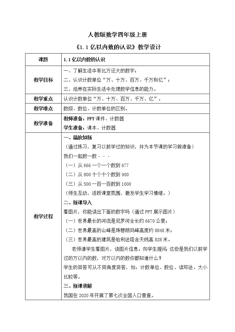 人教版数学四上1.1《亿以内数的认识》课件+教学设计01