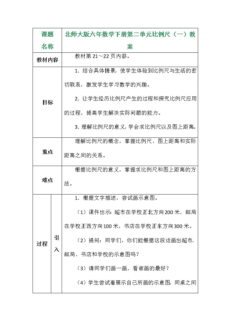 北师大版六年数学下册第二单元比例尺（一）教案第1页