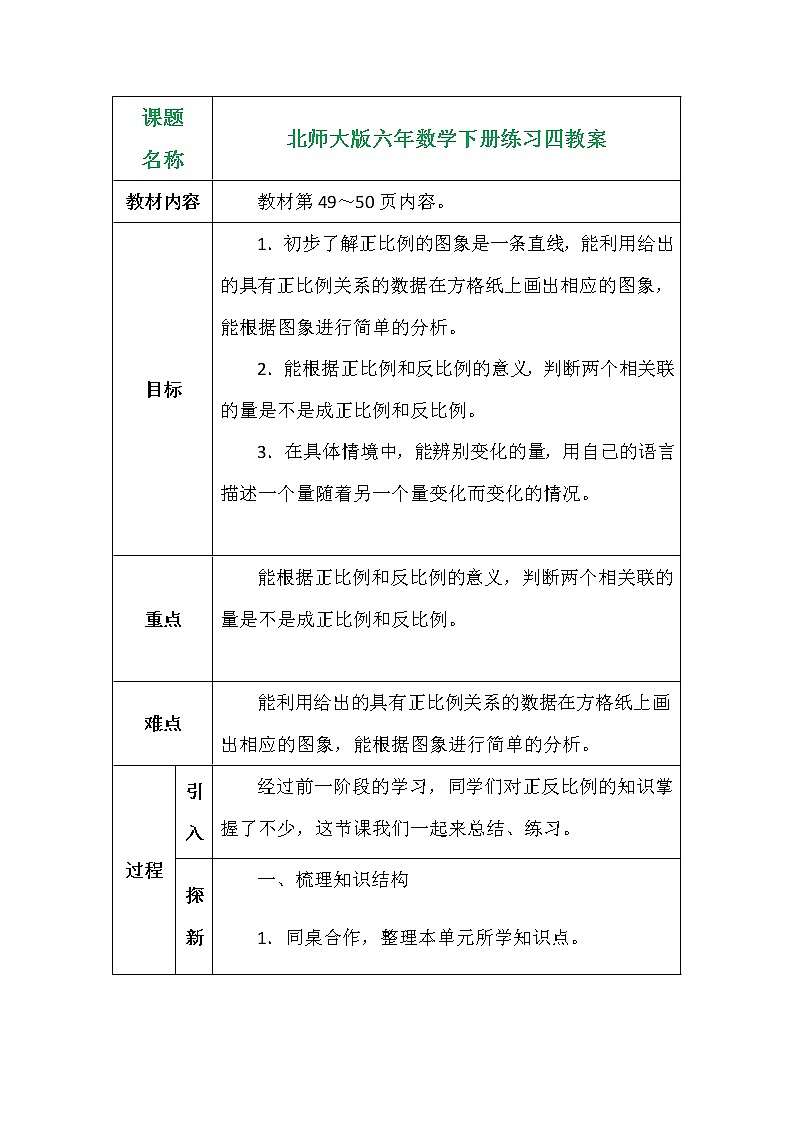 北师大版六年数学下册练习四教案第1页