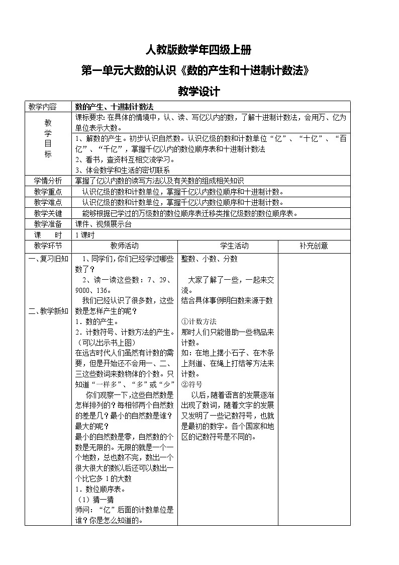 人教版数学四上第一单元第六课时《数的产生和十进制计数法》课件+教案+同步练习（含答案）01