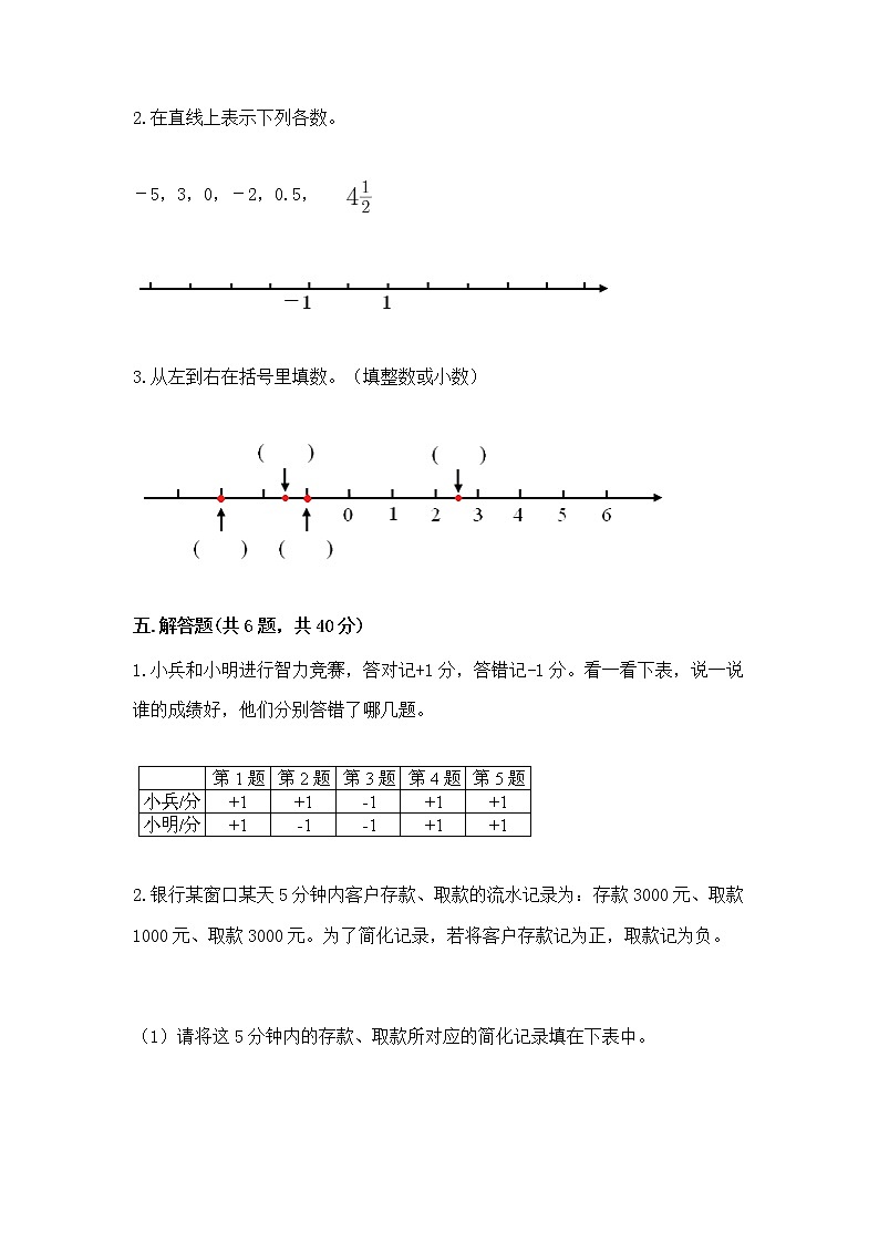 人教版六年级下册数学第一单元《负数》测试卷各版本第3页