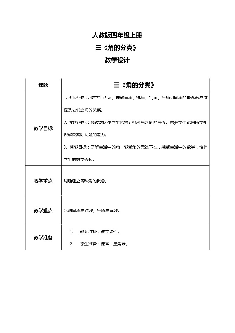 人教版小学数学四年级上册3.3《角的分类》PPT课件+教学设计+同步练习01