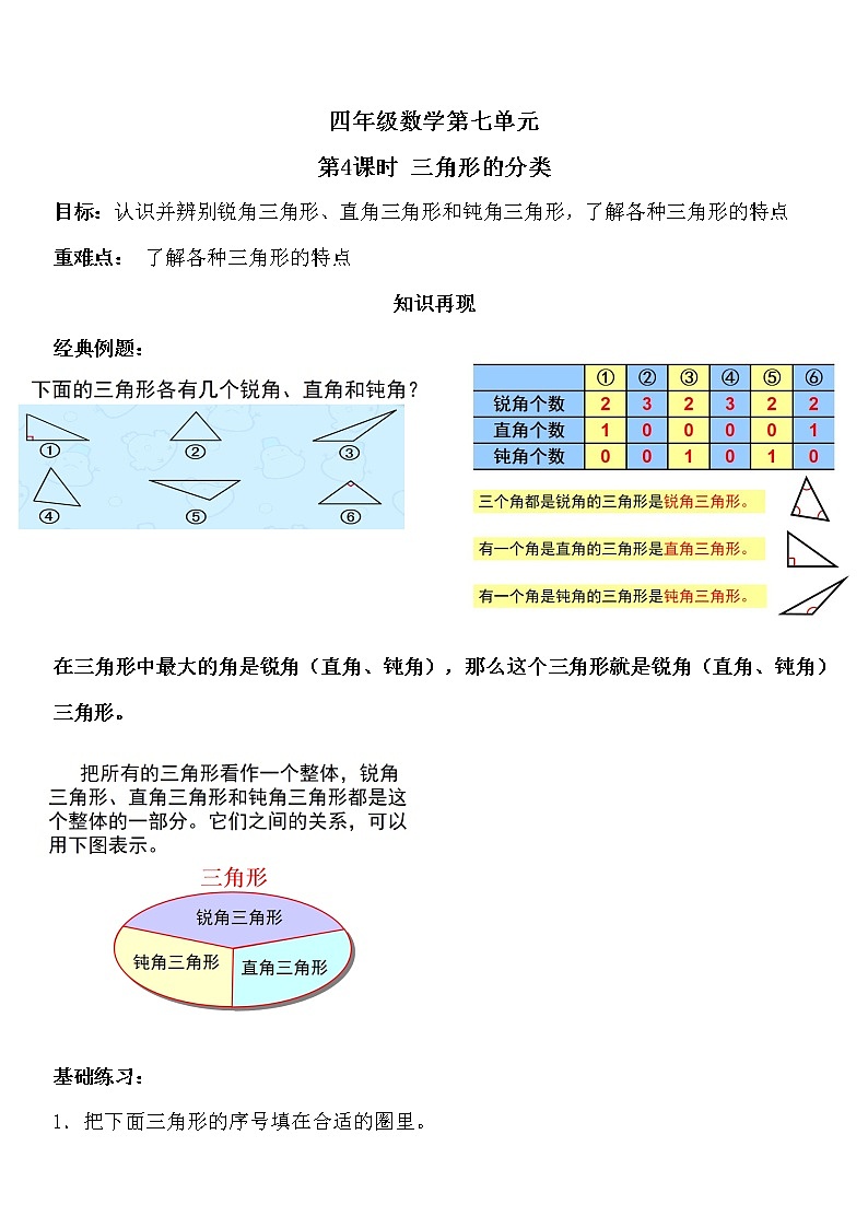 人教版四年级数学第七单元第四课时 【三角形的分类】学案第1页