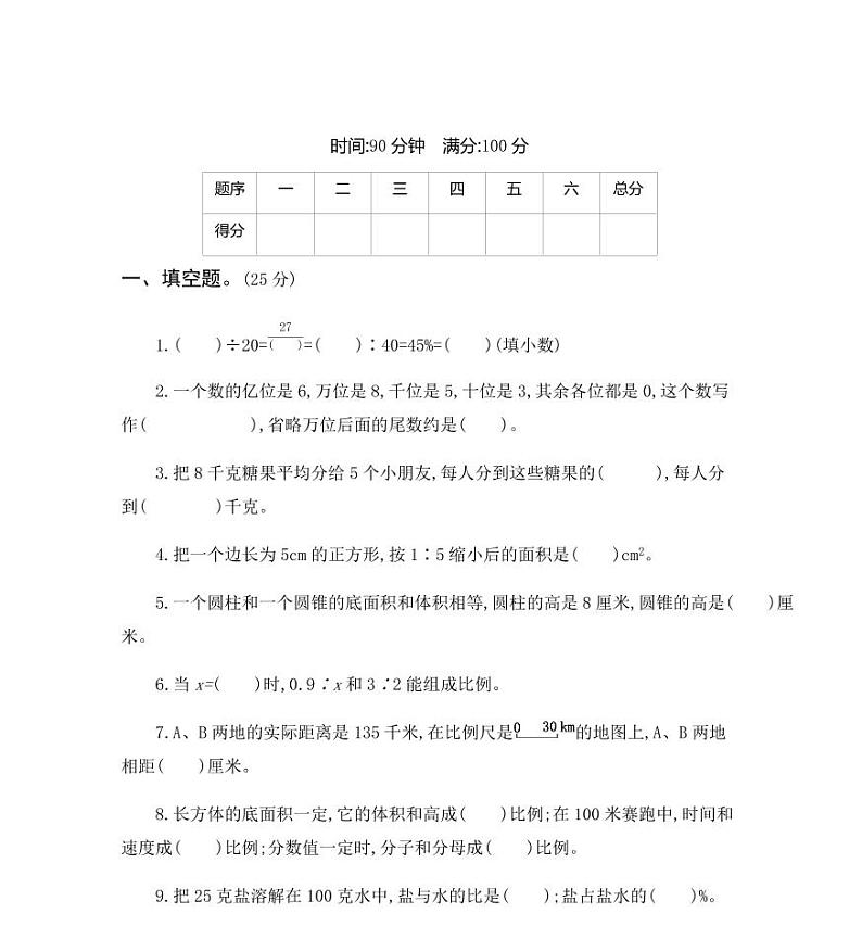 2020人教版小学数学六年级小升初模拟测试卷（含答案）第1页