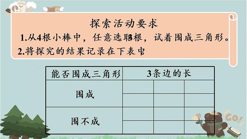 2021-2022学年青岛版数学四年级下册 四 巧手小工匠 认识多边形 信息窗二 （三角形的三边关系）课件第7页