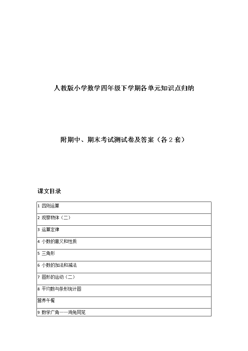人教版小学数学四年级下学期各单元知识点归纳 附期中、期末测试卷各2套 有答案第1页