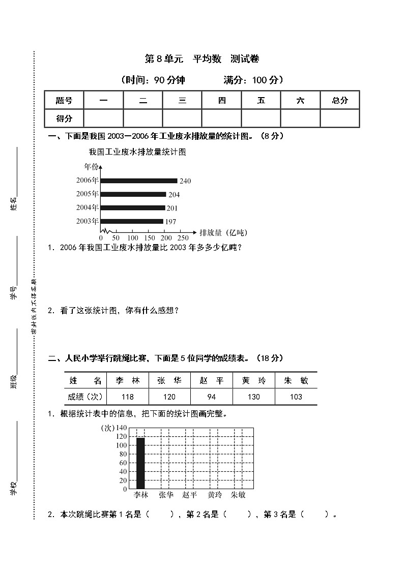 西师大版四年级下册数学  第8单元测试卷（含答案）第1页