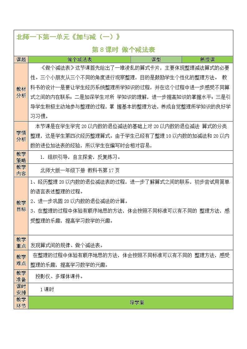 北师大一年级下册数学教案第8课时 做个减法表第1页