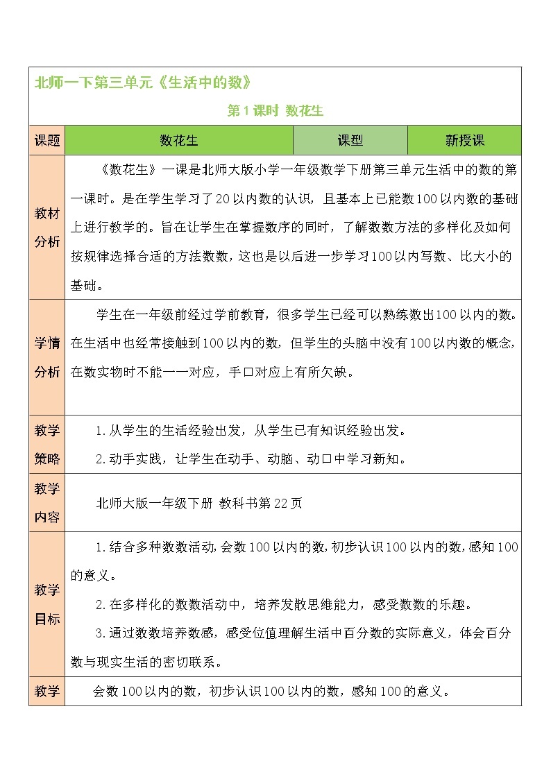 北师大一年级下册数学教案第1课时 数花生01