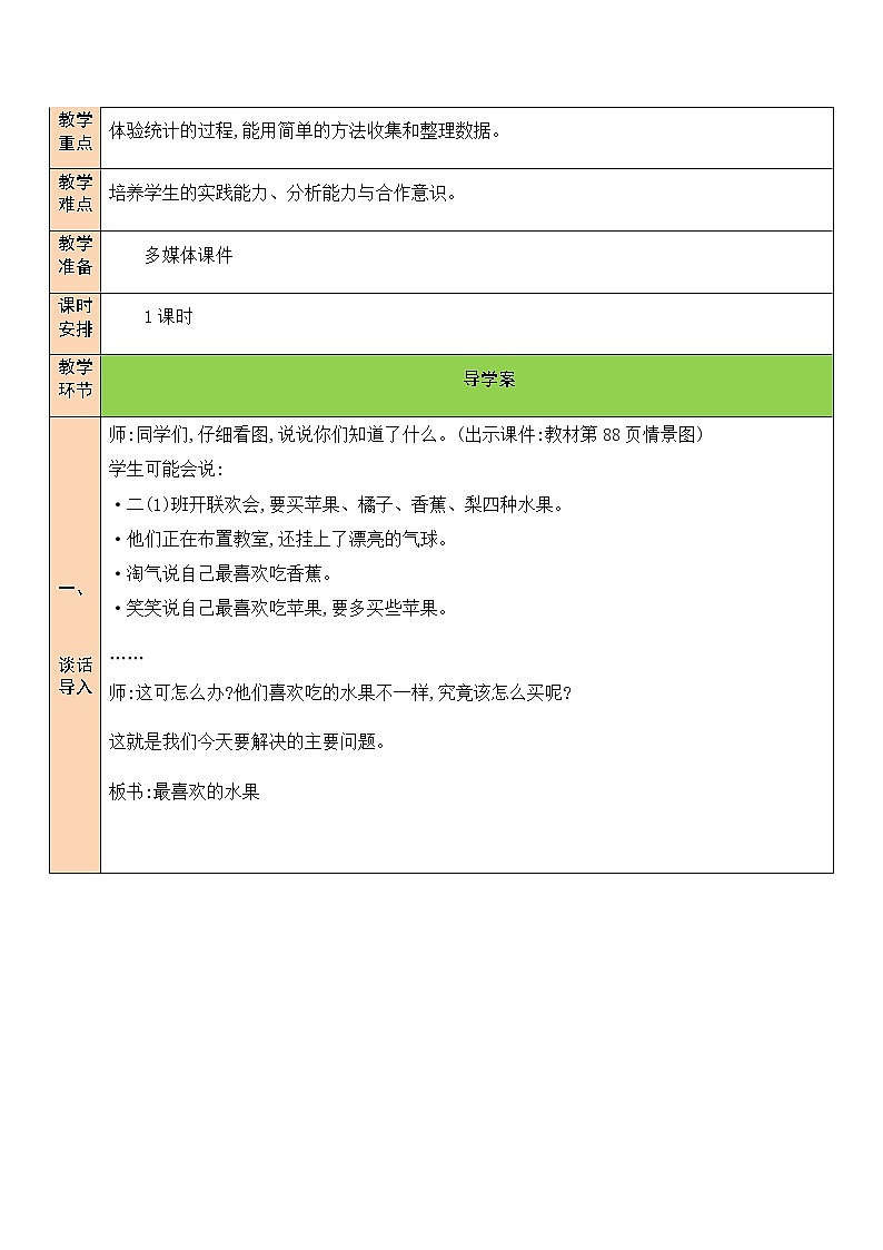 北师大版二年级下册数学教案第2课时 最喜欢的水果第2页