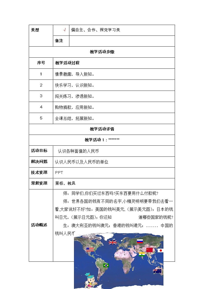 小学数学人教版一年级下册《认识人民币》教学设计02