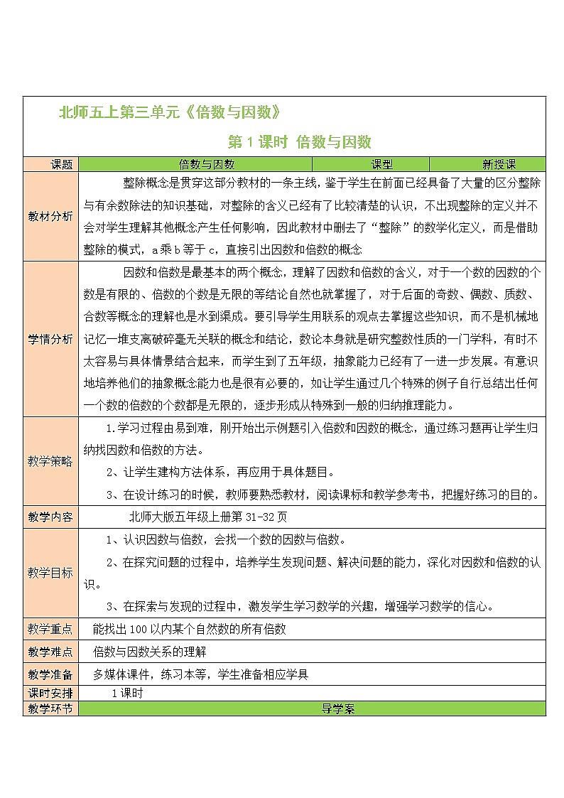 北师大版五年级上册数学教案第1课时 倍数与因数01