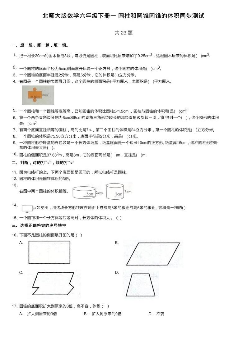 北师大版数学六年级下册一 圆柱和圆锥圆锥的体积同步测试第1页