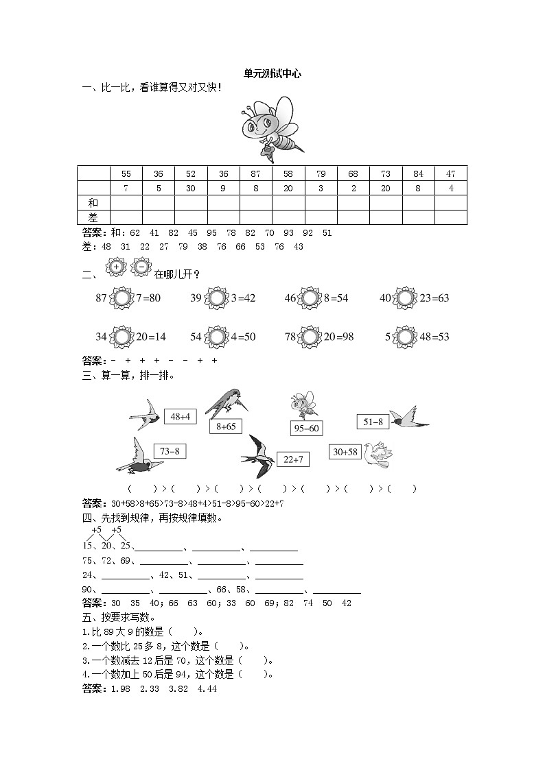 苏教版数学一年级下 六 100以内的加法和减法试题及答案第1页
