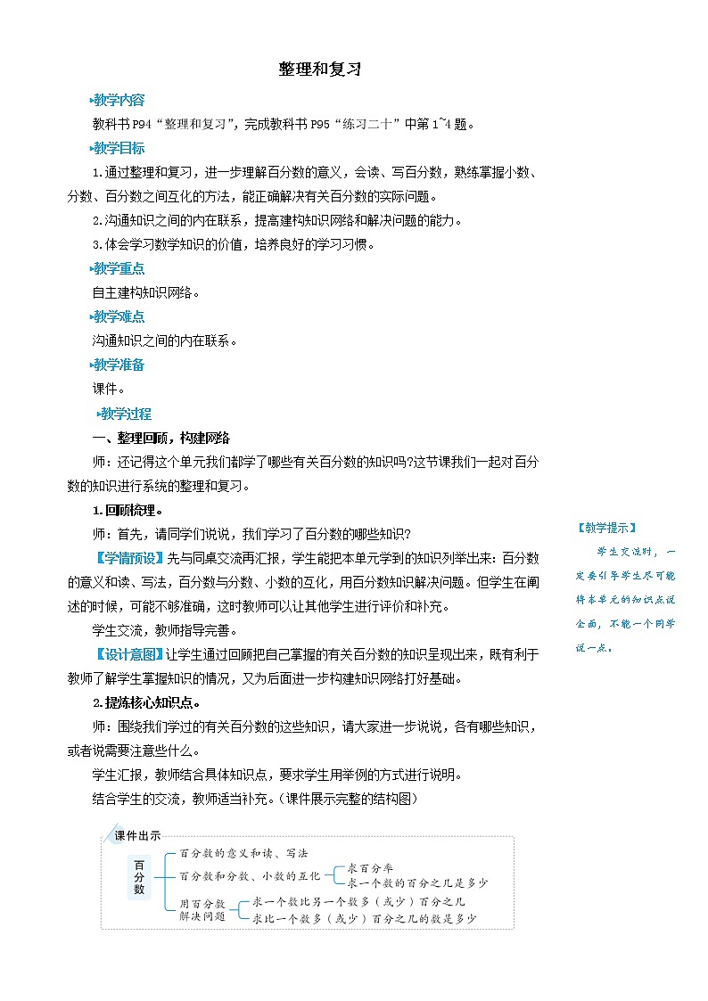 人教版六年级上册数学教案整理和复习01