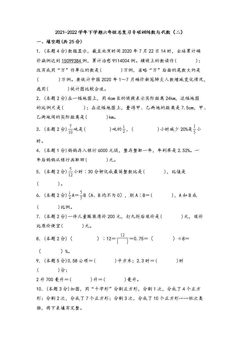 2021-2022学年下学期六年级数学总复习专项训练数与代数（二）（人教版，含答案）第1页