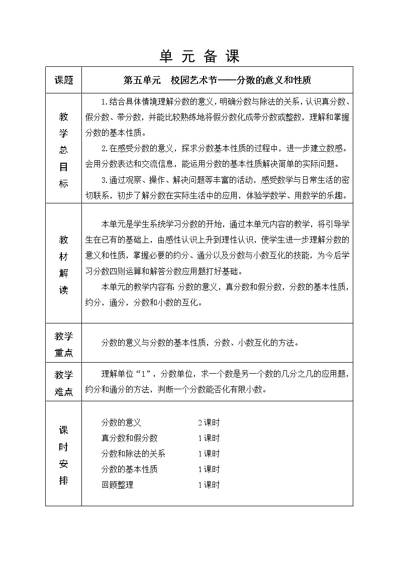 第五单元 分数的意义和性质 教学设计第1页