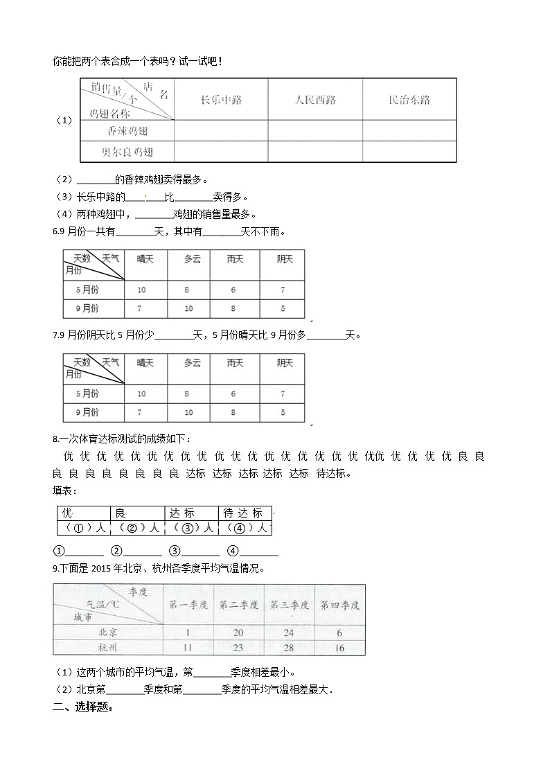 人教版三年级下册数学期末培优专题复习 专题3 复式统计表（有答案，带解析）02