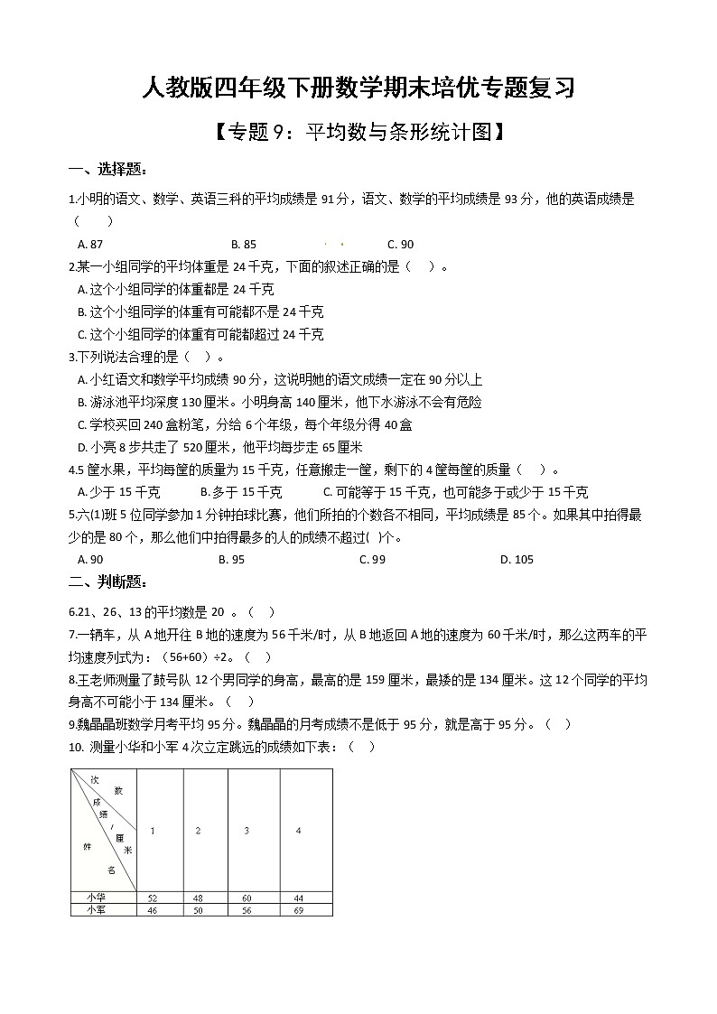 人教版四年级下册数学期末培优专题复习 专题9 平均数与条形统计图（有答案，带解析）01