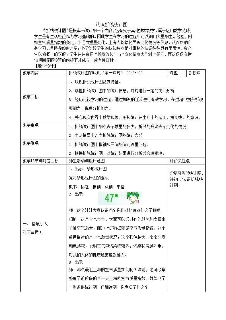 五年级下册数学教案-7.1   认识折线统计图｜冀教版01