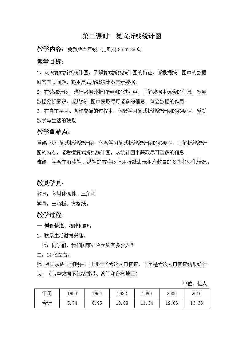 五年级下册数学教案-7.3 复式折线统计图｜冀教版第1页