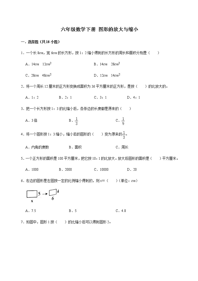2021-2022学年数学六年级下册图形的放大与缩小（同步练习）（无答案）第1页
