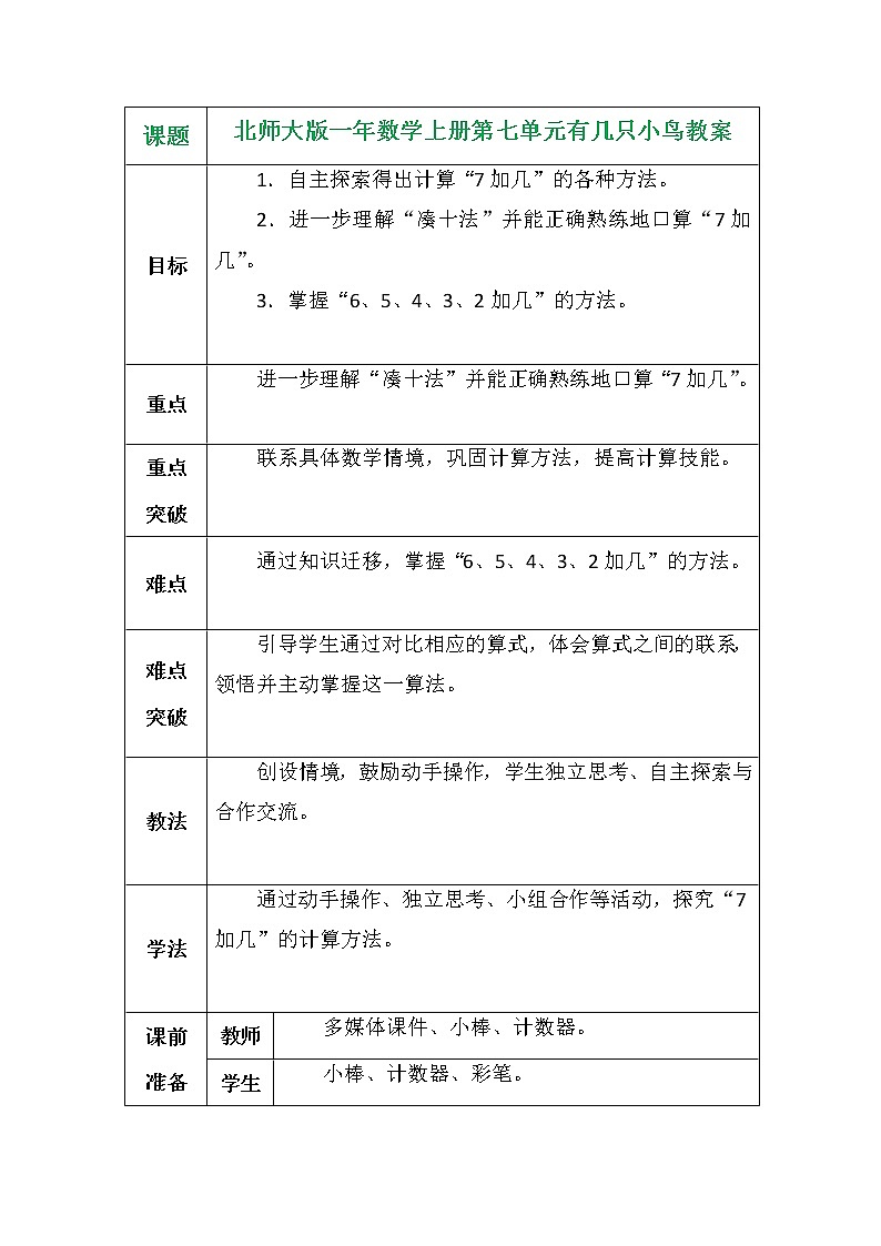 北师大版一年数学上册第七单元有几只小鸟教案01