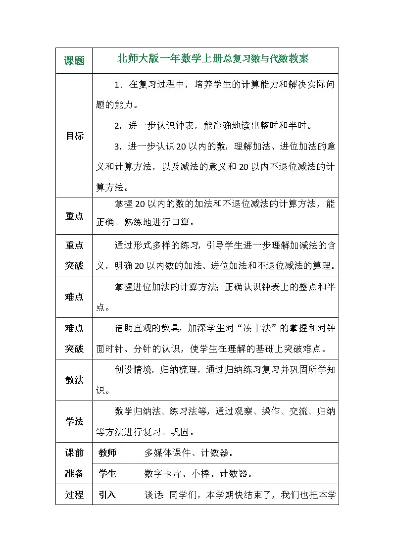 北师大版一年数学上册总复习数与代数教案第1页