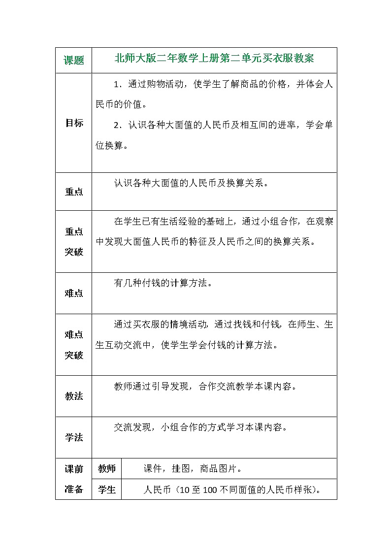 北师大版二年数学上册第二单元买衣服教案01