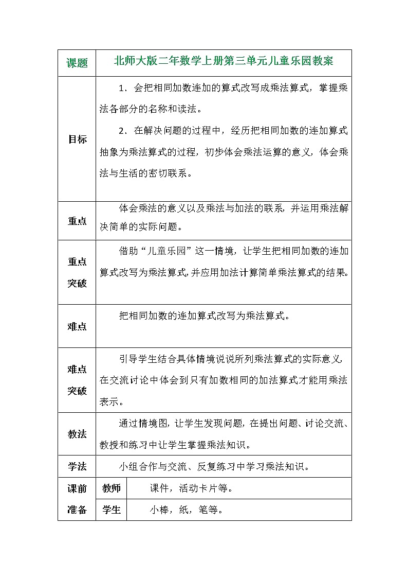 北师大版二年数学上册第三单元儿童乐园教案第1页
