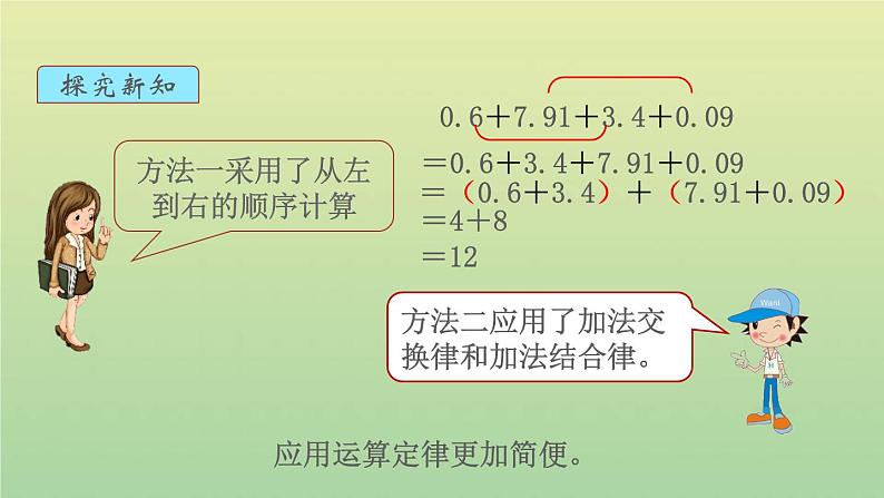 新人教版四年级数学下册第6单元小数的加法和减法第4课时整数加法运算定律推广到小数教学课件05